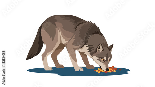 Wild gray wolf foraging for sustenance on a damp ground illustration, showcasing primal instinct and nature's hunger
