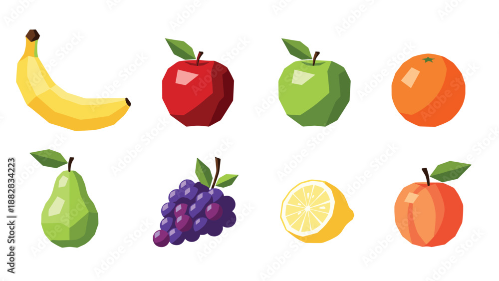 Fototapeta premium Geometric low poly fruits collection with banana, apple, orange, and more