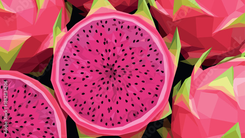 Low poly dragon fruit design with geometric style and vibrant colors