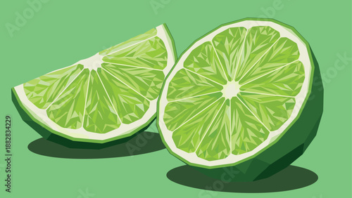 Geometric lime slices on green background with low poly style