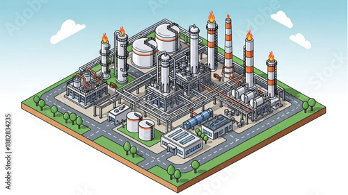 Industrial Oil Refinery Complex Isometric View.