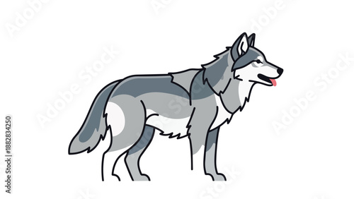 Stylized illustration of a majestic gray wolf standing calmly with an alert expression and visible tongue, portraying the wild essence in a clean