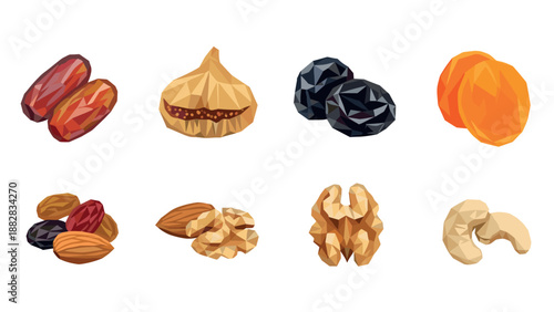 Low poly nut and dried fruit set: almonds, walnuts, dates, figs, prunes, cashews, apricots