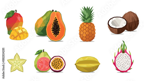 Colorful low poly tropical fruits collection on white background
