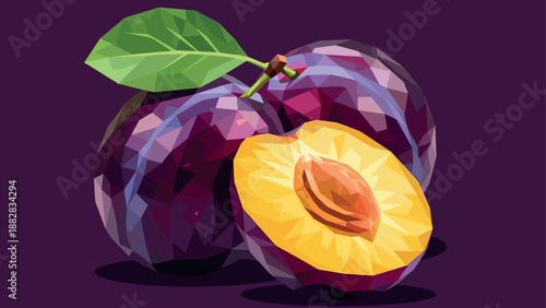 Geometric low poly style plums on dark background with leaf detail