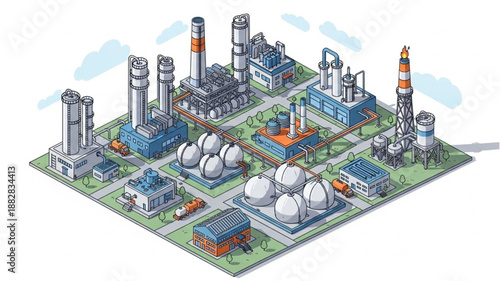 Industrial complex with multiple factories and chimneys.