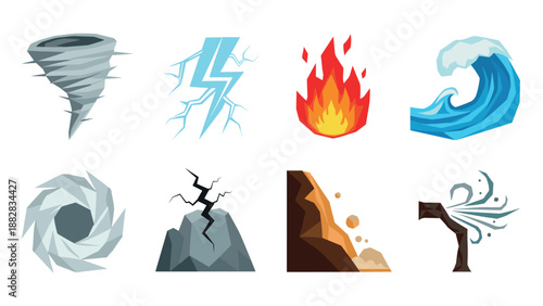 Nature's fury: dynamic icons of natural disasters in vibrant geometric style
