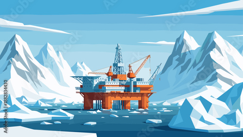 Offshore drilling platform in arctic landscape amidst icebergs and snowy mountains