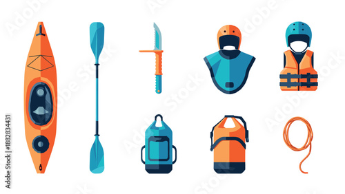 Kayaking gear set with paddle, helmet, and safety equipment