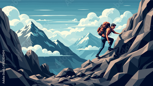 Adventure hiking in mountain landscape with backpack and rocky terrain