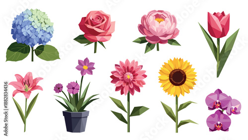 Colorful geometric flowers collection: modern polygonal floral designs