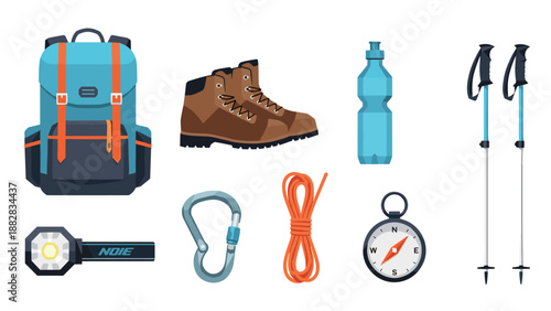 Essential hiking gear: backpack, boots, compass, and more in modern flat style