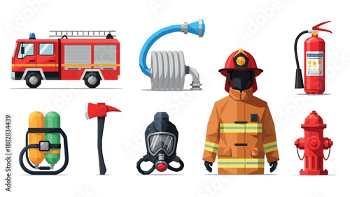 Firefighter equipment icons featuring tools and gear in flat design
