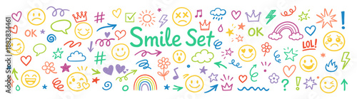 Smile emoji doodle faces, happy emoticon expressions, cheerful cartoon vector icons, playful hand-drawn faces, joyful mood collection on transparent background