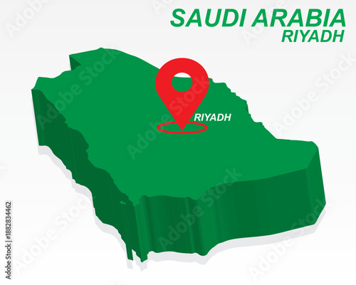 Saudi Arabia Map Vector, Riyadh Capital City Marker on Green 3D Country Shape, Saudi Arabia Infographic Design, Editable Destination Pointer Saudi Arabia Geography