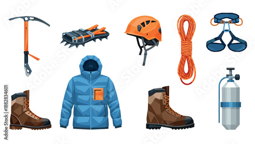 Essential climbing gear set: ice axe, helmet, boots, jacket, rope, crampons, harness, oxygen tank