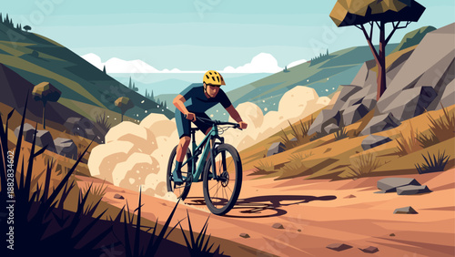 Mountain biker racing downhill on dusty trail in vibrant landscape