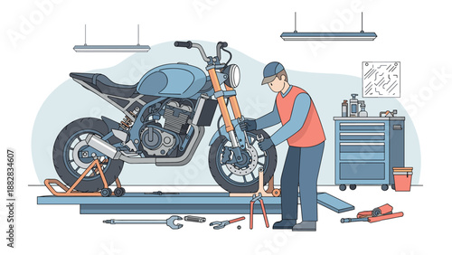 Mechanic in workshop repairing motorcycle with tools in flat design style
