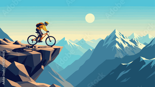 Mountain biker on cliff edge in stunning geometric mountain landscape at sunrise