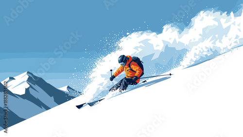 Skiing adventure in snowy mountains with dynamic motion and fresh powder