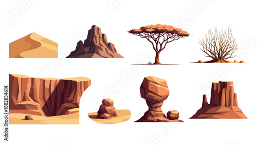 Natural desert elements: sand dunes, rock formations, trees, and canyons in flat design style