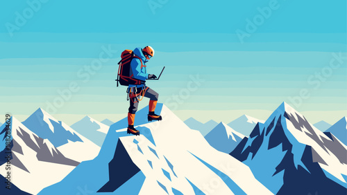 Mountain climber with laptop on snowy peak in low poly design