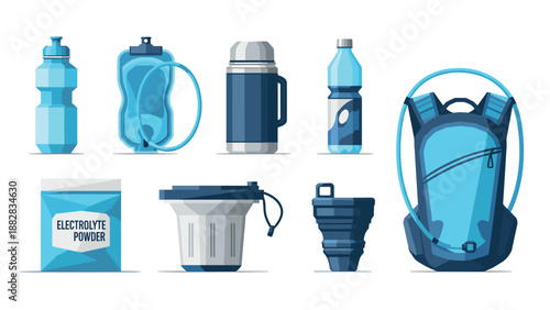 Essential outdoor hiking gear featuring water bottles and backpacks in modern flat design