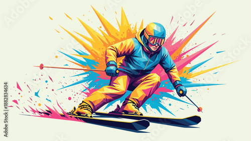 Colorful splash of energy in dynamic pop art skiing adventure