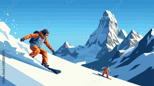 Snowboarders carving down mountain slopes in winter low poly landscape