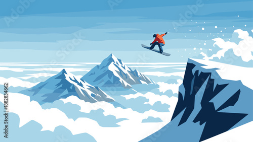 Snowboarder jumping off mountain cliff in winter alpine adventure scene