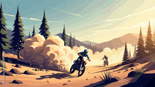 Dynamic off-road adventure with motorcyclists in vibrant landscape