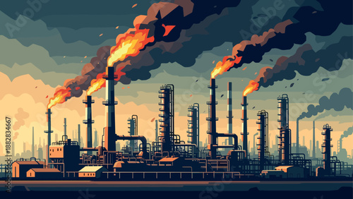 Dramatic industrial plant with smoke and flames in flat design