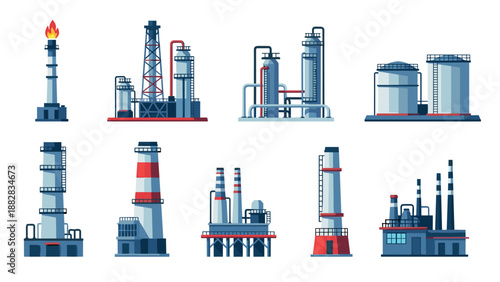 Industrial refinery icon set featuring various oil and gas processing structures