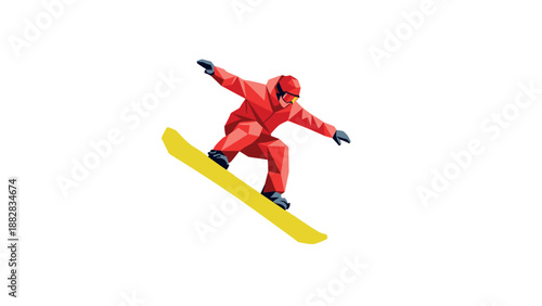 Geometric snowboarder in mid-air action in vibrant abstract style
