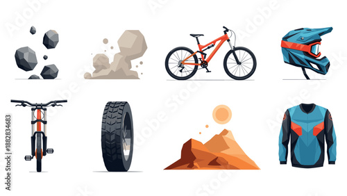 Mountain biking elements: gear, bike, helmet, and terrain in modern design