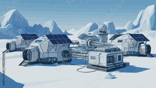 Futuristic arctic research base with solar panels and snowy mountains