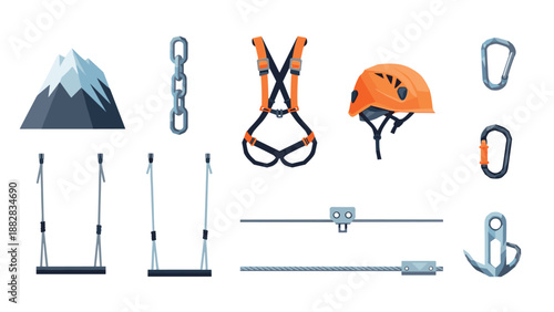 Climbing gear and equipment set on white background
