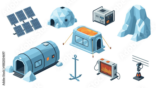 Isometric arctic research station elements: solar panels, tents, igloo, antenna