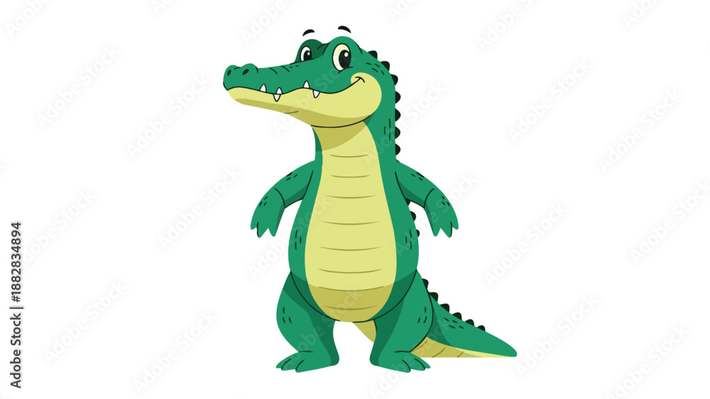 Naklejka premium Cheerful cartoon alligator illustration, vibrant green and yellow, standing proudly with a wide friendly smile, showcasing a playful and inviting