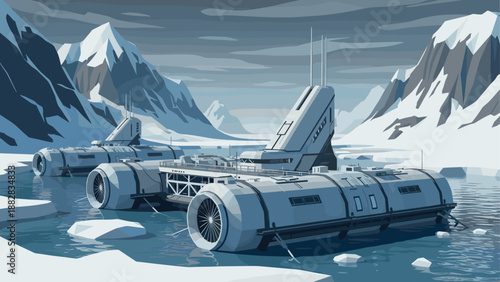 Futuristic arctic research station amidst icy mountains and frozen waters