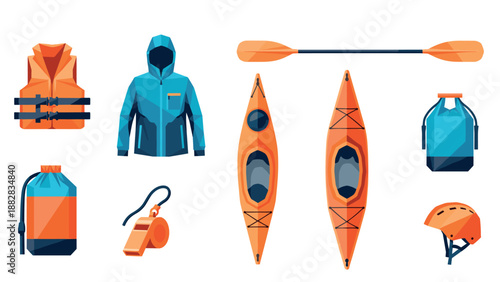 Kayaking equipment set: flat design of kayaks, paddle, life jacket, and accessories