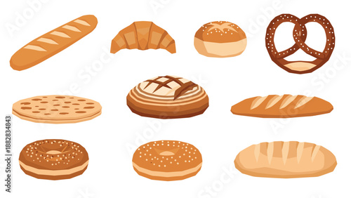 Variety of bakery bread in flat style: bagels, pretzel, loaf, and more