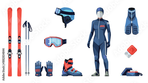 Winter sports gear collection featuring ski equipment and stylish apparel