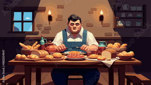 Cozy tavern dinner scene with warm lighting and rustic bread