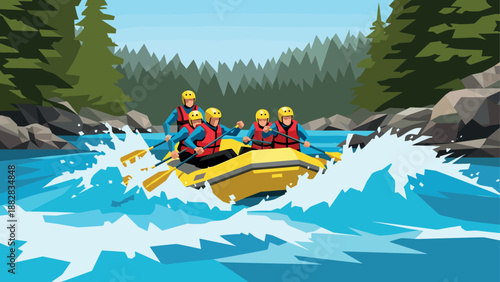 Whitewater adventure: group rafting down a mountain river surrounded by forest