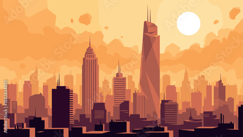 Cityscape silhouette with orange sunset and skyscrapers