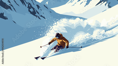 Thrilling alpine skiing adventure in minimalist graphic art style