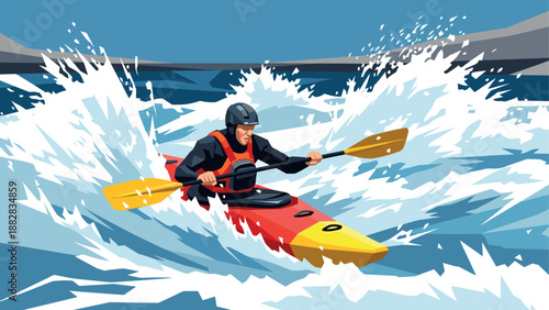 Kayaker navigating rough waters in dynamic flat art style
