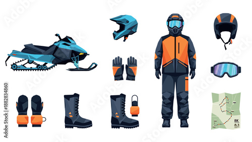 Snow adventure gear set featuring snowmobile and winter attire in vibrant colors