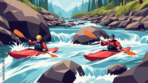 Dynamic adventure: kayakers conquer rapids in stunning geometric design